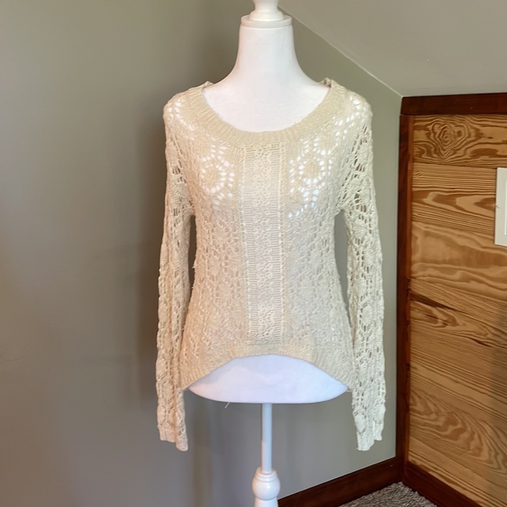Flying Tomato Cream Crochet Open Knit Long Sleeve Sweater Small